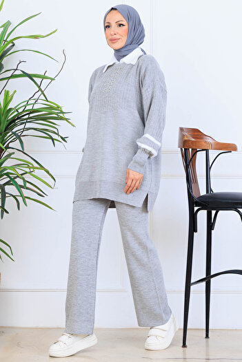 benguen Stone Embroidered Knitwear Set S1009 Gray