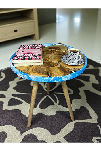 Home Olivia Zeytin Ağacı Aqua Print Kaplama Üst Çerçeveli Dekoratif Yan Sehpa
