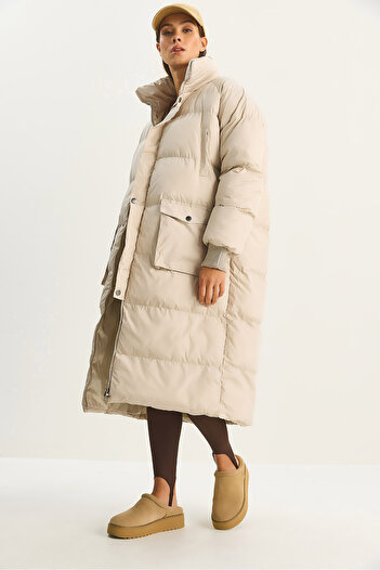 Bianco Lucci Women's Hidden Hood Pocket Detailed Long Lined Puffer Coat 4044 60283683