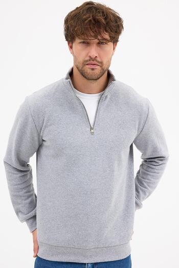 mmetalic Men's Gray Standard Fit Regular Cut Cotton Half Zipper Stand Collar Cotton Sweatshirt