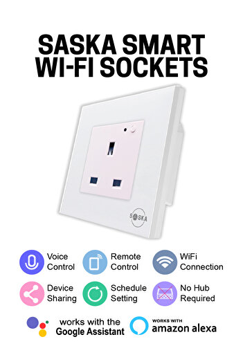 SASKA Smart Wall Socket Outlet WiFi - App Control & Works with Alexa/Google (White, Single Socket)