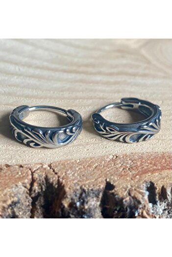 Viking Tribal Vintage Antique Design Hoop Threaded 316L Stainless Steel Non-Tarnish Earrings Pair