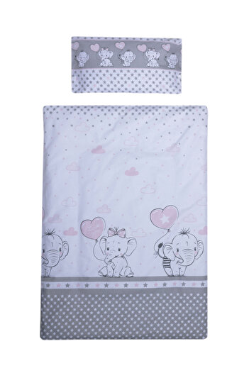 Beberoyal Set de lenjerie de pat din bumbac, 3 piese, pentru saltea 120x60 cm, Love Elephants Pink -