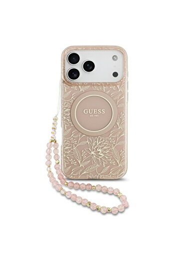 Guess IML Flowers Allover Electroplated MagSafe iPhone 17 Pro Max Case with Pearl Strap (pink)