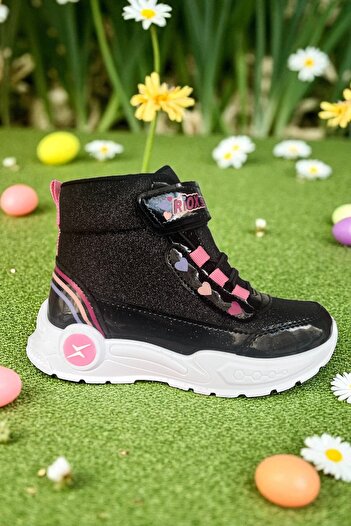ALTUNTAŞ Girl's Winter Lighted Velcro Anatomical Sole Comfortable Boots Black Pink
