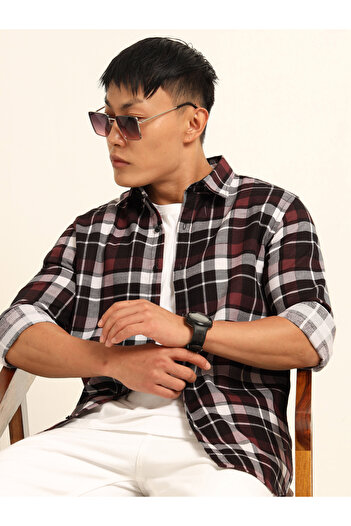Bushirt By Styli Men Maroon Checked Flannel Shirt