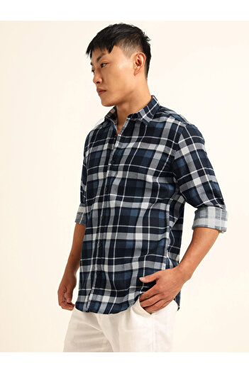 Bushirt By Styli Men Navy Blue Checked Spread Collar Shirt