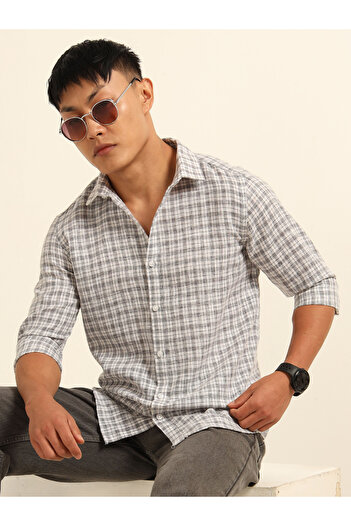 Bushirt By Styli Men Grey Checked Spread Collar Shirt