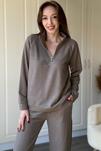 Dilay Gökoğlu Butik Zippered Stand Collar Thessaloniki Fabric Stone Color Sweatshirt Set