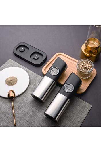 AB Luxury Concept Set of 2 electric salt and pepper grinders, rechargeable, LED light, charging stand, stainless steel
