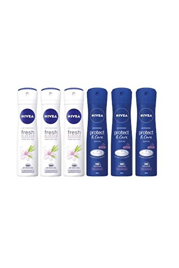 NIVEA Woman Antiperspirant Set 6 x 150ml (3x Protect&Care, 3x Fresh Blossom), 0% Alcohol, 48h Protec