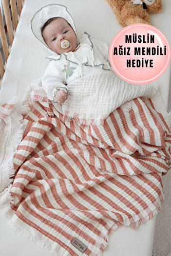 ZEYPBA Tile Yarn Dyed Muslin Striped Muslin 4-Layer Muslin Tasseled 4-Layer Muslin Blanket 110X110Cm