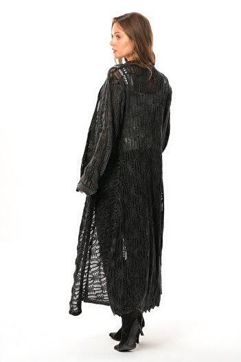 Eliş Şile Bezi Long Sleeve Sena Asymmetric Cut Autumn and Winter Loose Pocket Knitwear Cardigan Smoked Fm