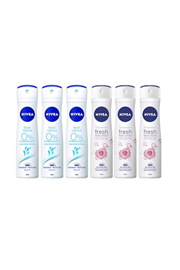 NIVEA Set 6 x Antiperspirant Woman Deo 150ml — 3 x Fresh , 3 x Fresh Rose Touch, 0% Alcohol