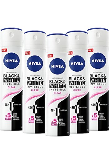 NIVEA Black & White Invisible Clear Antiperspirant Set 5x150ml — 48h protection, no white/yellow s