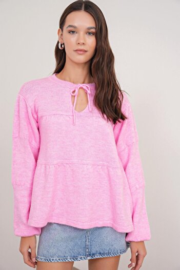 Mixray 6950 Women's Collar Lace-Up Pleated Knit Sweater Pink
