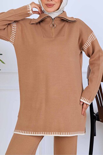benguen Zippered Collar Stripe Detail Knitwear Set S1061 Mink