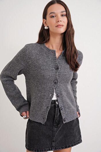 Mixray 6951 Women's Crew Neck Buttoned Knitwear Short Cardigan Anthracite