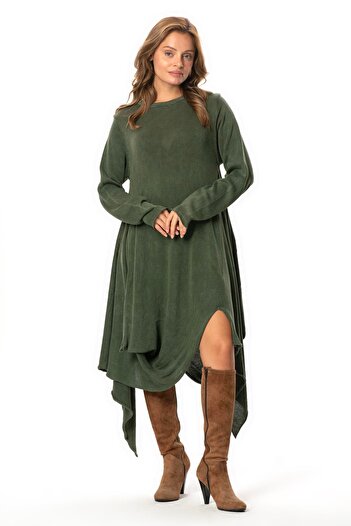 Eliş Şile Bezi Long Sleeve Handan Asymmetrical Cut Autumn and Winter Flowy Midi Length Knitwear Dress Khaki Hk