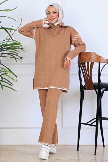 benguen Zippered Collar Stripe Detail Knitwear Set S1061 Mink