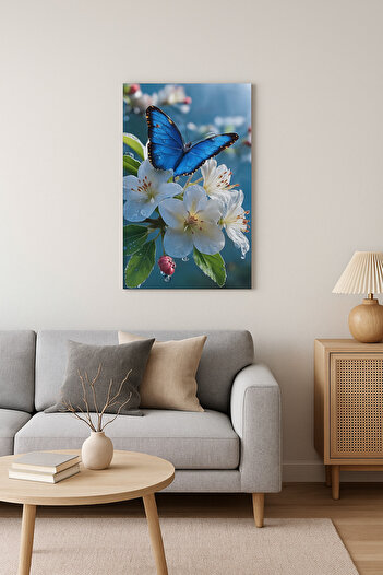 BLT DİZAYN Blue Butterfly and White Flowers Glass Painting – Symbol of Peace and Rebirth
