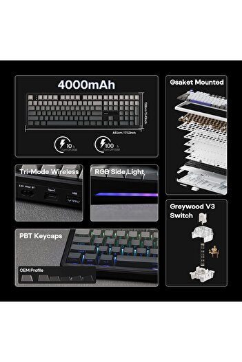 Epomaker AULA F108 Wireless Mechanical Gaming Keyboard, Full Size, 108 Hot-Swappable Keys, RGB (Blac