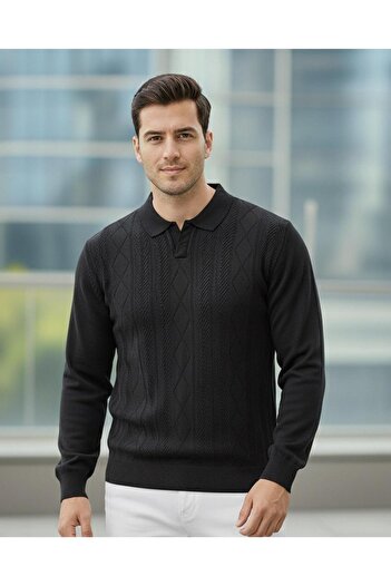 Miron Men's Black Polo Neck Patterned Knit Sweater - 2538