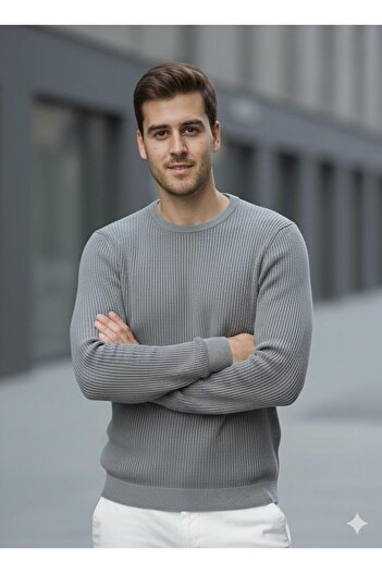 Miron Men's Crew Neck Gray Knit Sweater - 2537