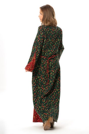 Eliş Şile Bezi Long Sleeve Maide Authentic Floral Long Autumn and Winter Flannel Dress Green Ysl