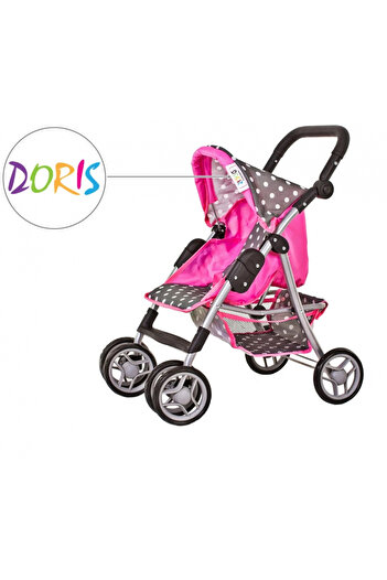 Doris Sports stroller for dolls Pink/Grey with white dots with height-adjustable handle, Capotina,Sp