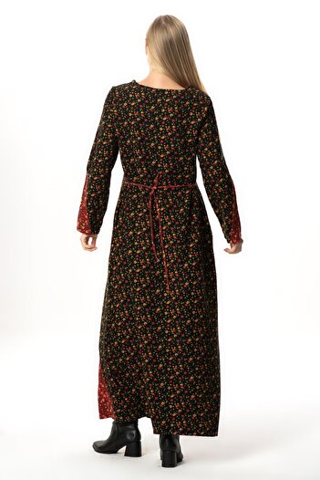 Eliş Şile Bezi Long Sleeve Maide Authentic Floral Long Autumn and Winter Flannel Dress Black Syh
