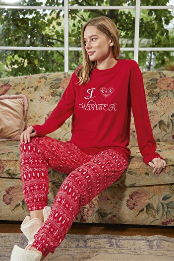 Aydoğan Women's Red Bottom Snow Pattern Thermal Pajama Set