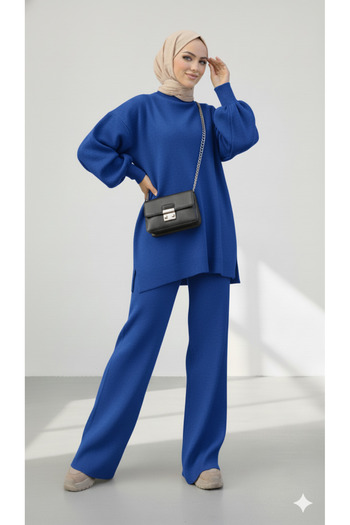 dwnwear Blue Hijab Baggy Balloon Sleeve Knitwear Set