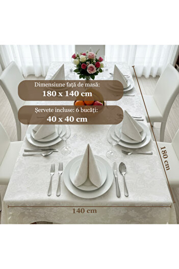 Köken Waterproof rectangular tablecloth 180x140cm and 6 napkins 40x40cm, 100% Cotton, No fading, White