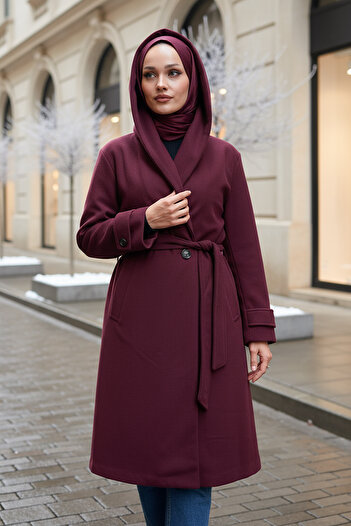 Salih Çelebi Kapüşonlu Kaşe Kaban 0027 - BORDO