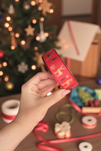 roco paper Christmas Grosgrain Red Ribbon – Gift Wrapping with Deer Pattern, Hobby Decoration Ribbon, 2.5 cm - 18