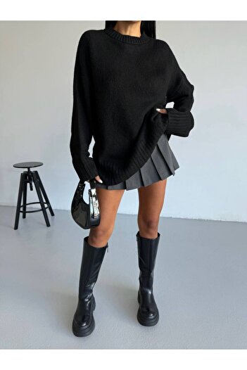 Stil Sepeti Women's Black Premium Crew Neck Oversize Sweater Tl-10002217