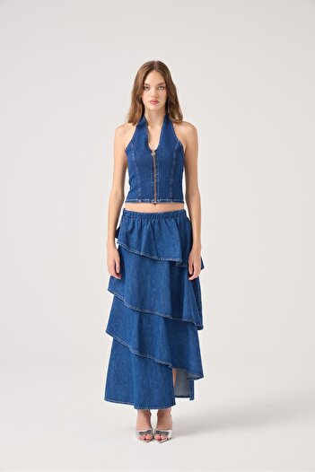 HOLLY LOLLY Ruffled Long Kaela Jean Skirt Blue