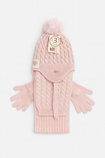 Uğur bebe Kitty 4-8 Years Old 3-Piece Pink Girl's Fleece Hat Soft Scarf Gloves Set Ready for Winter