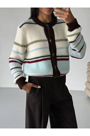 Stil Sepeti Women's Brown Striped Crew Neck Soft Cardigan Tl-10002499