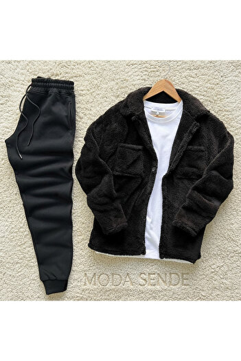 İnsane Minds Men's Pocket Detailed Plush Shirt and Tracksuit Combination, Top and Bottom