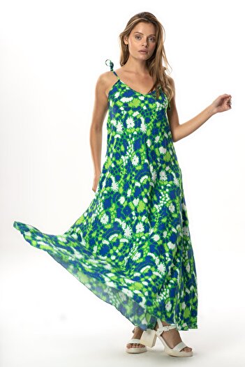Eliş Şile Bezi Strappy Viscose Suzan Long Summer Dress Abstract Grass Green