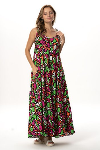 Eliş Şile Bezi Strappy Viscose Suzan Long Summer Dress Abstract Black Syt Syh