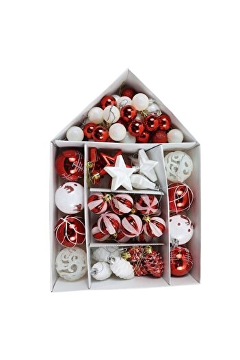 ANTBRO ® Set of 72 Christmas Baubles - star and tree-cone shapes, various finishes, plastic, white/r
