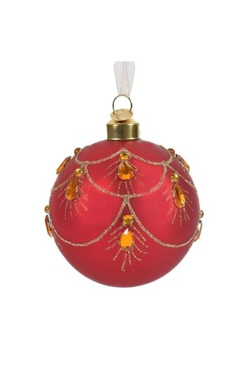 ANTBRO ® Christmas tree glass bauble, red with gold glitter stripes and gold crystals, 8 cm