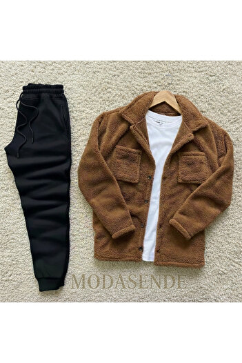 İnsane Minds Men's Pocket Detailed Plush Shirt and Tracksuit Combination, Top and Bottom