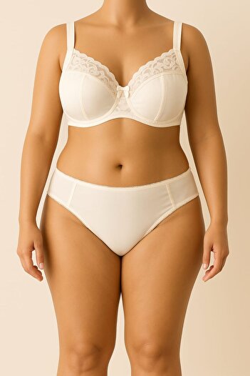 enmodaiçgiyim Ecru Plus Size C Cup Underwire Lace Gathering Bra – Full Cup, High Support, Wide Strap