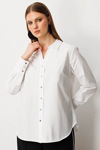 Ekol Women's Plus Size Buttoned Front Polo Neck Shirt 3549 Ecru