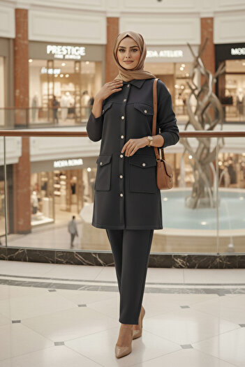 N.S NEVA STYLE Buttoned Smoked Hijab Double Set 13323Fu