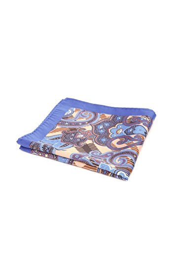 6AM Ceremony Pocket square with blue and brown paisley print on cream background, blue border
